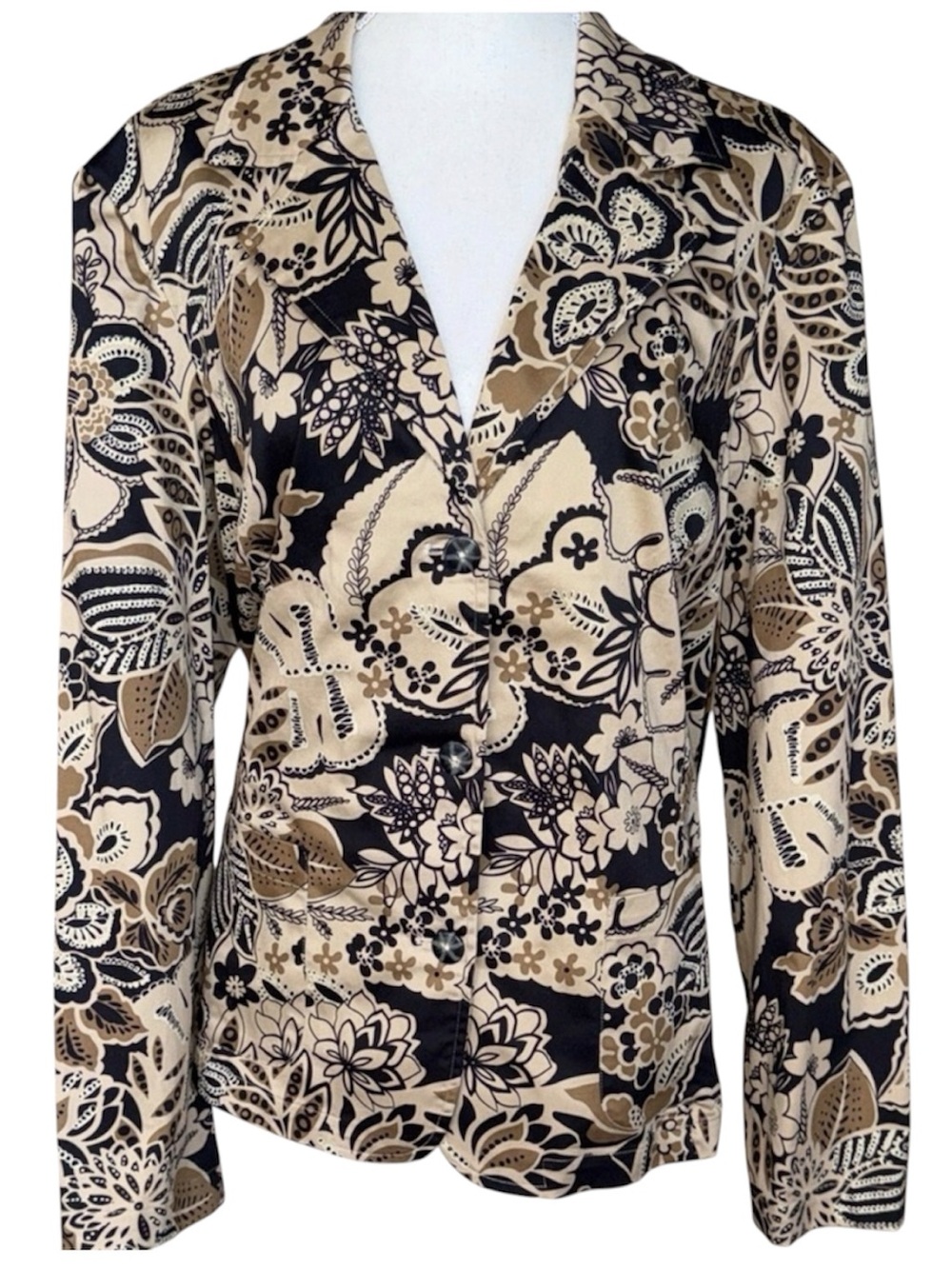 NWT Coldwater Creek Black Tan Tropical Print Blazer Resort Lightweight Cotton